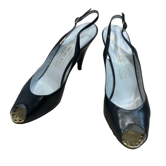 BRUNO MAGLI black leather peep toe sling shoes with gold accent on the toe - Picture 1 of 16